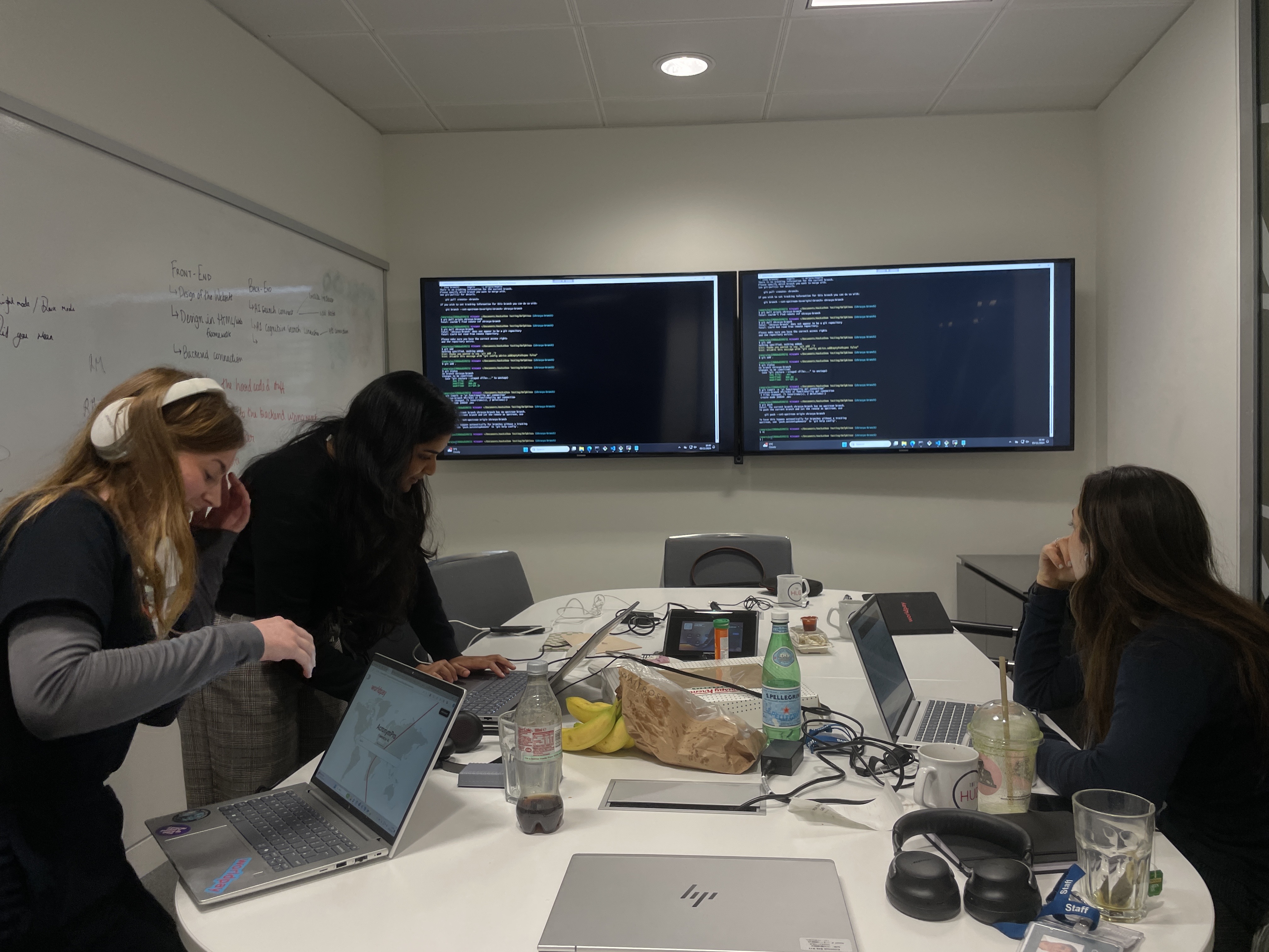 A room with code displayed on two large screens